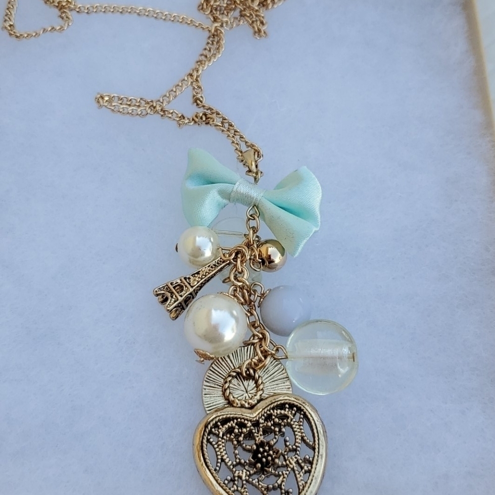 NEW GOLD LONG NECKLACE EIFFEL TOWER PEARL HEART‎ - Picture 2 of 7